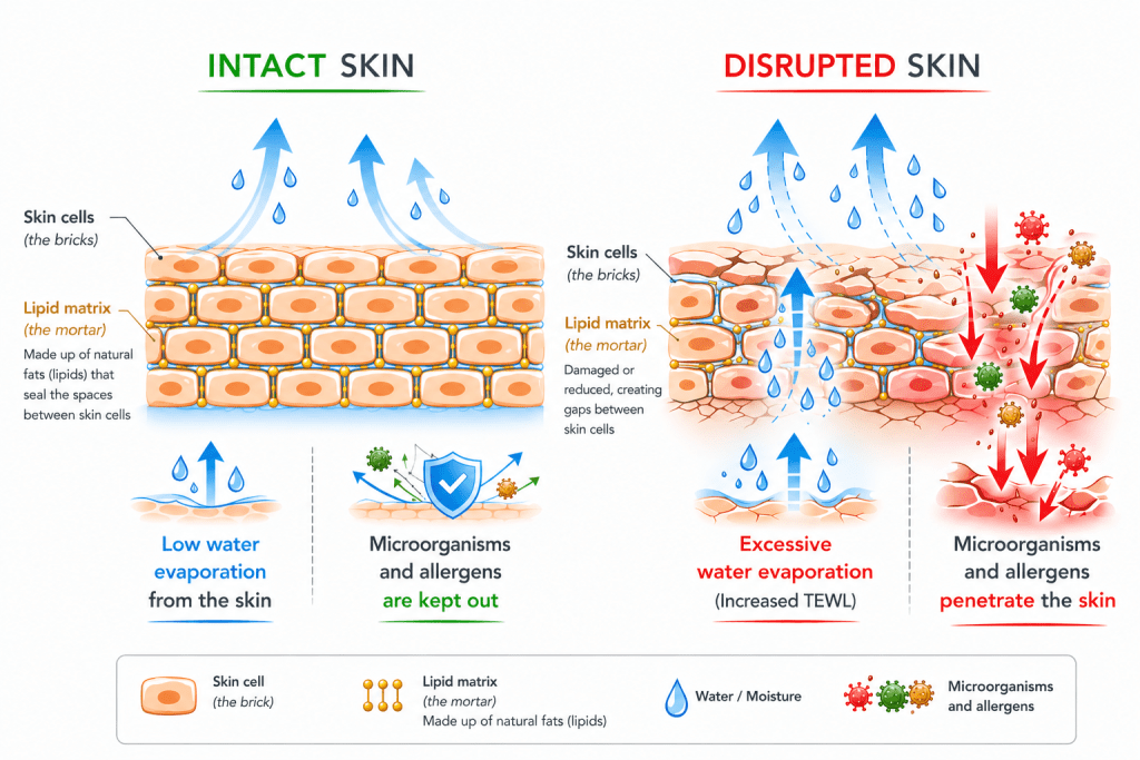 Comparison between healthy skin barrier and damaged skin barrier showing increased water loss.