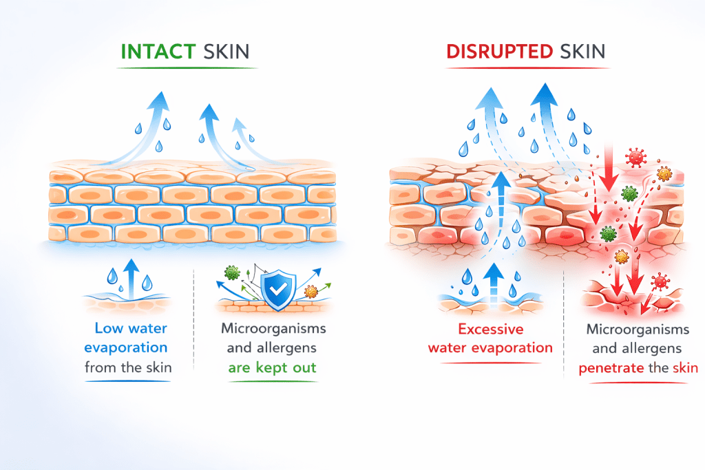 Comparison between healthy skin barrier and damaged skin barrier showing increased water loss.