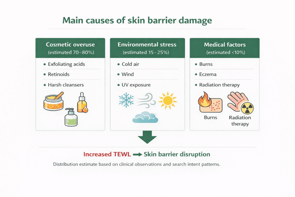 Diagram showing main causes of a damaged skin barrier, including cosmetic overuse, environmental stress and medical factors leading to increased TEWL.